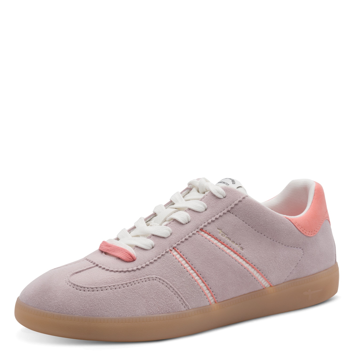 Plateausneaker TAMARIS, Damen, Gr. 38, lila, rose, Lederimitat, Veloursleder, unifarben mit Farbeinsatz, Schuhe Plateausneaker, Freizeitschuh, Halbschuh, Schnürschuh mit gepolstertem Schaftrand