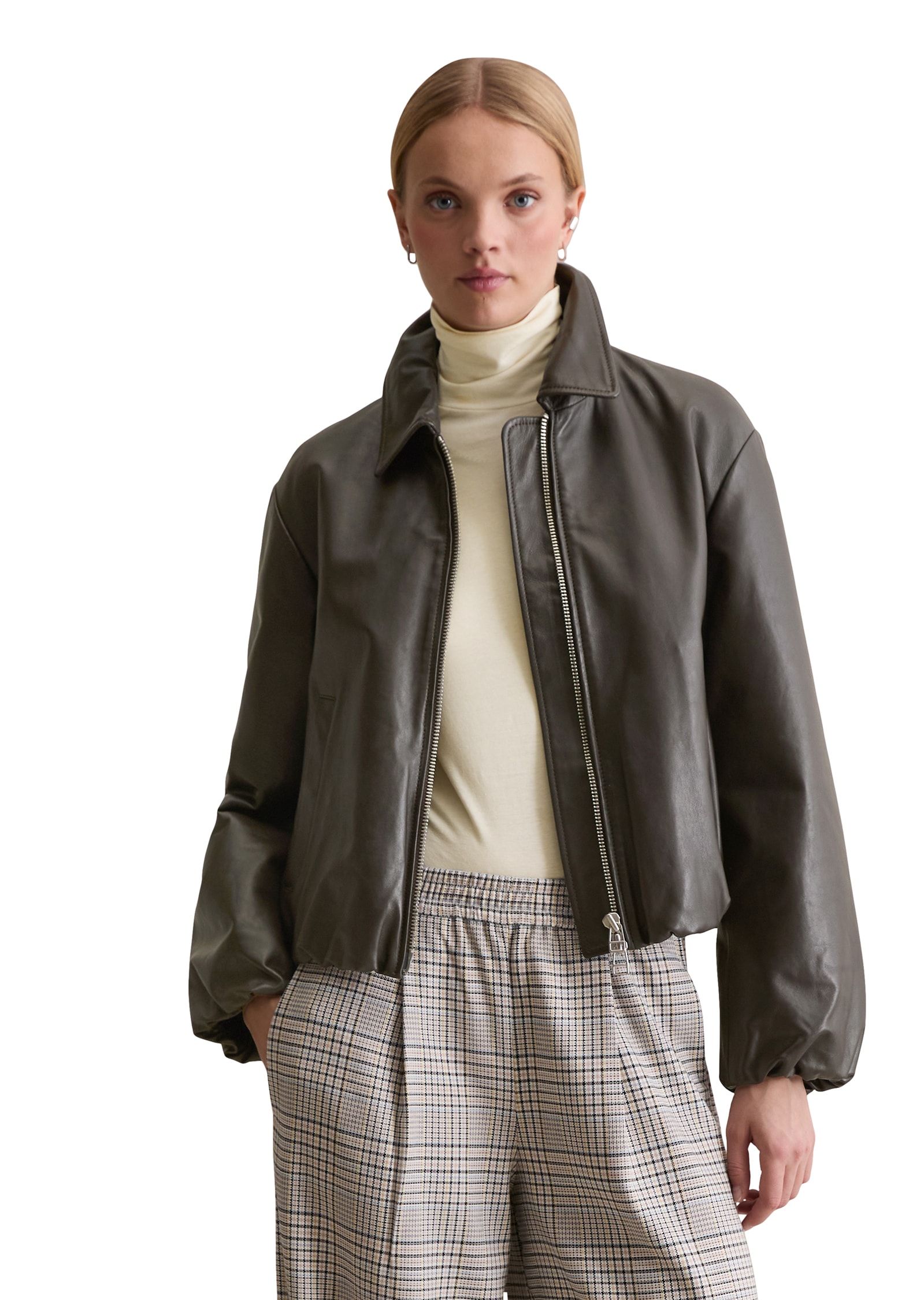 Lederjacke MARC O'POLO DENIM "Blousonform O-Shape aus softem Lammleder", Damen, Gr. M, schwarz espresso, Obermaterial: 100% Lammleder, regular fit normal, Jacken