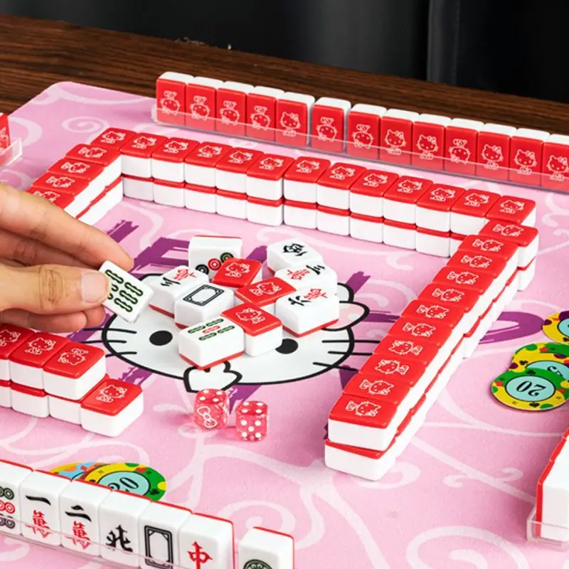 Wohnzimmer-Dekor, Mahjong-Block, Zuhause, Unterhaltung, tragbar, Sanrio Hello Kitty, Mini-Größe, 26 mm, makellos, rosa, rot, Mahjong-Spielset