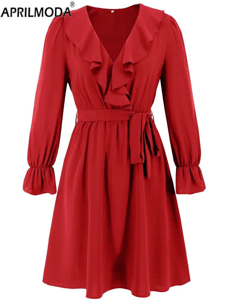 2025, elegantes Damen-Herbst-Winter-Rüschen-Flare-Teekleid, langärmelig, rot, grün, schwarz, V-Ausschnitt, ausgestelltes A-Linien-Midikleid mit Gürtel