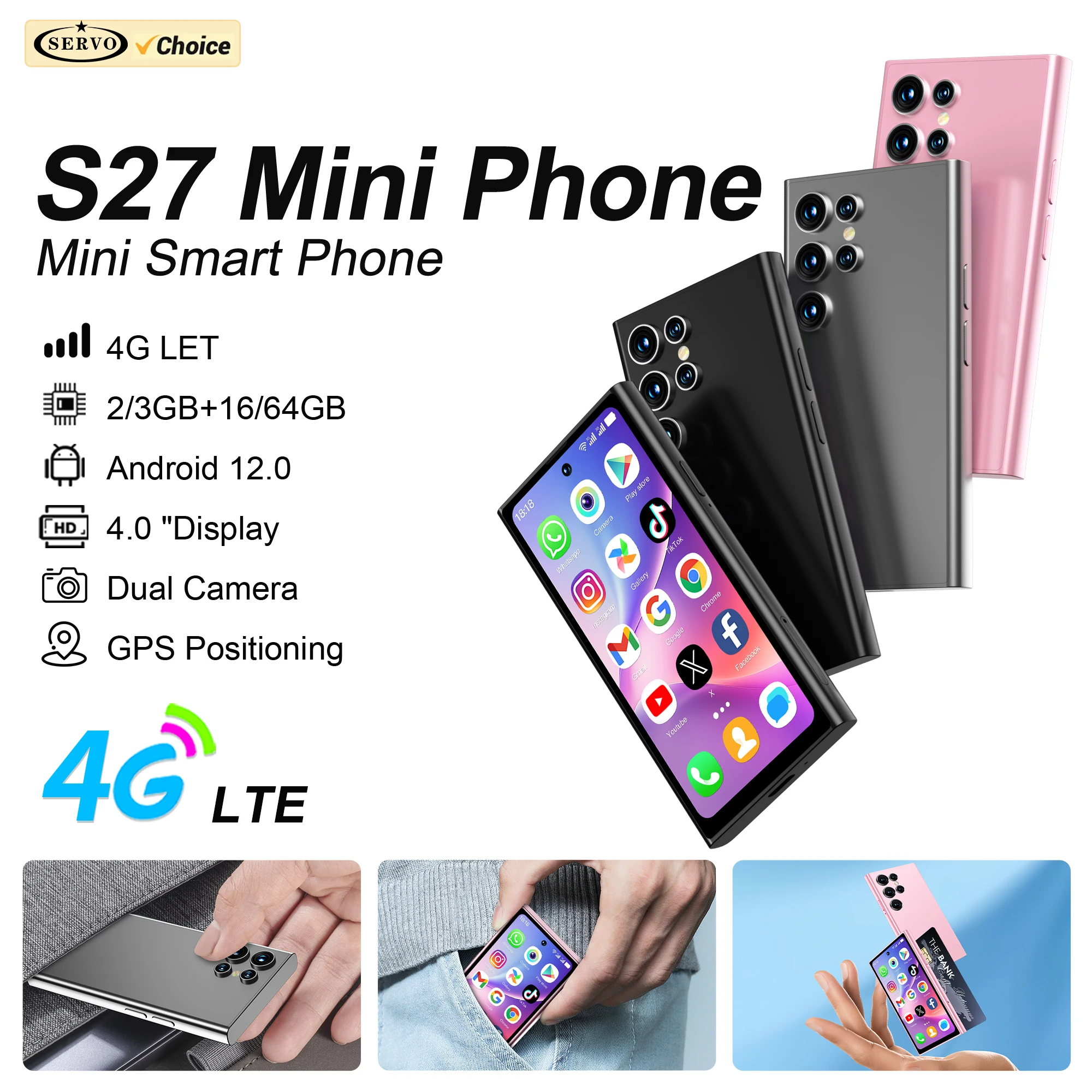 SERVO S27 MINI Kleines Smartphone 4G LTE Android 12.0 System 3 GB + 64 GB Google Play Face Unlock GPS WiFi 2 SIM Niedliche intelligente Mobiltelefone Image
