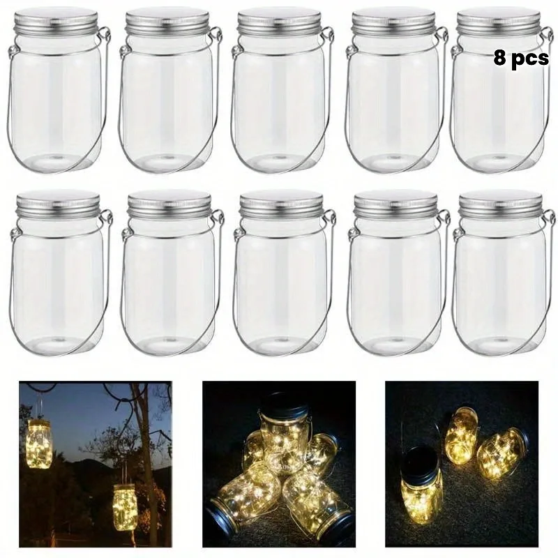 8-teiliges Einmachglas-Set aus Kunststoff mit Haken für DIY-Lichterketten, Blumen- und Heimdekoration, Abendessen, Partys, Tischdekoration, Outdoor-Dekoration Image