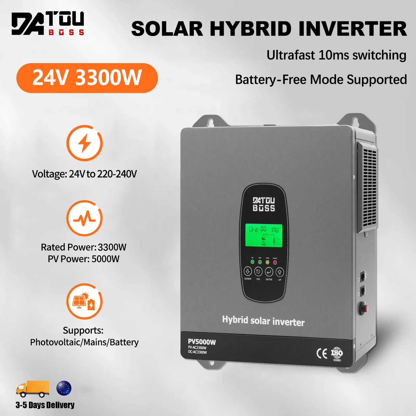 DATOUBOSS 24 V 3300 W Solar-Hybrid-Wechselrichter 5000 W PV 120 A MPPT Schnellladung 10 ms USV-Übertragungszeit Reine Sinuswelle für Heim-Backup Image