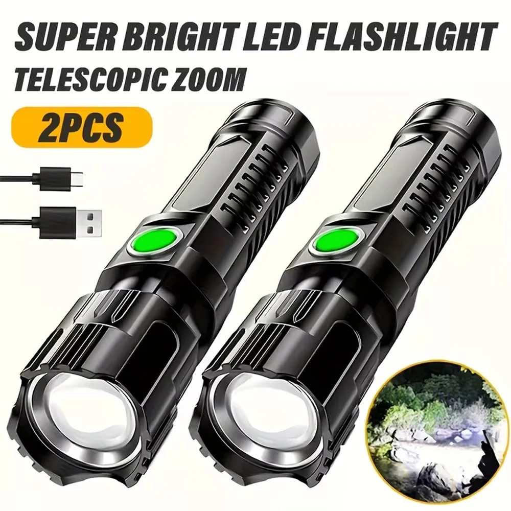 Superhelle LED-Taschenlampe, wiederaufladbare USB-Taschenlampe mit eingebautem Akku, Teleskop-Zoom-Laterne für Outdoor-Wandern, Angeln Image