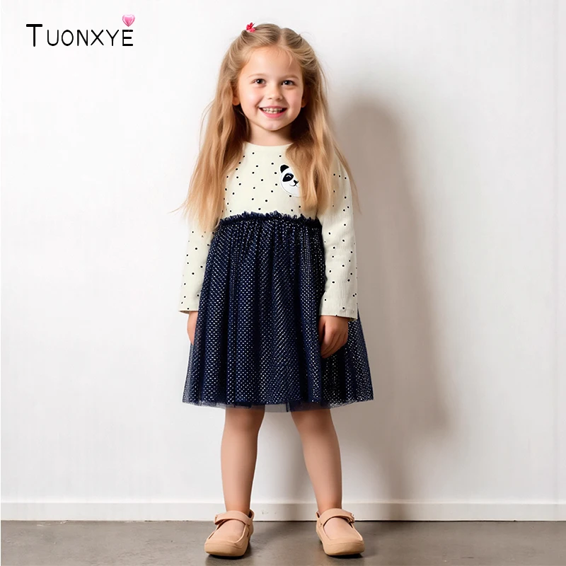 TUONXYE Mädchen Elegante Party Kleid Panda Frühjahr Neue Kinder Mädchen Langarm Kleider Herbst Kinder Mädchen Mesh Prinzessin Kleider Image