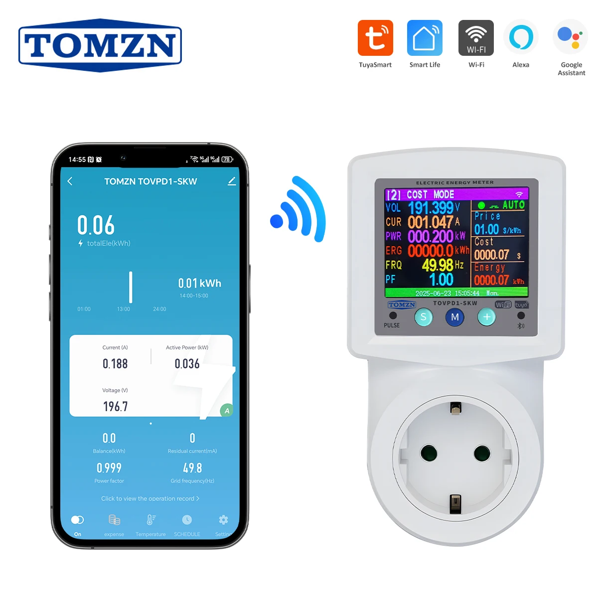 TOMZN WIFI Smart Multifunktions 6IN1 SKW Buchse Für EU Tuya Vorzahlung Zyklus Timer Spannung Und Strom Schutz V-I-Hz-PF-kW-kWh Image