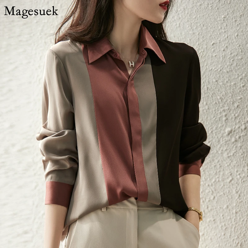 2025 Women Satin Button Blouse Autumn New Vintage Long Sleeve Polo Collar Women Shirt Elegant Loose Tops Clothing 18146