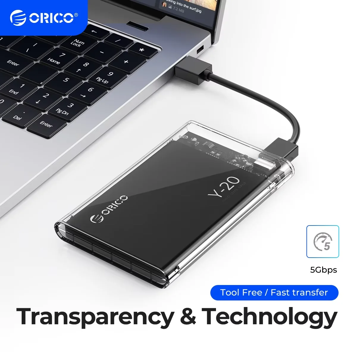 ORICO 2,5'' externes Festplattengehäuse USB 3.0 zu SATA III Werkzeugloses, transparentes Festplattengehäuse für 2,5 Zoll 7 mm 9,5 mm SATA HDD SSD Image