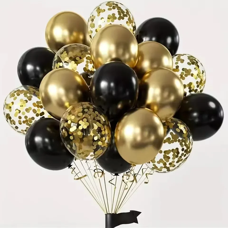 16 Stück schwarze metallische Paillettenballons für Geburtstag, Hochzeit, Abschlussfeier, Ballondekoration Image