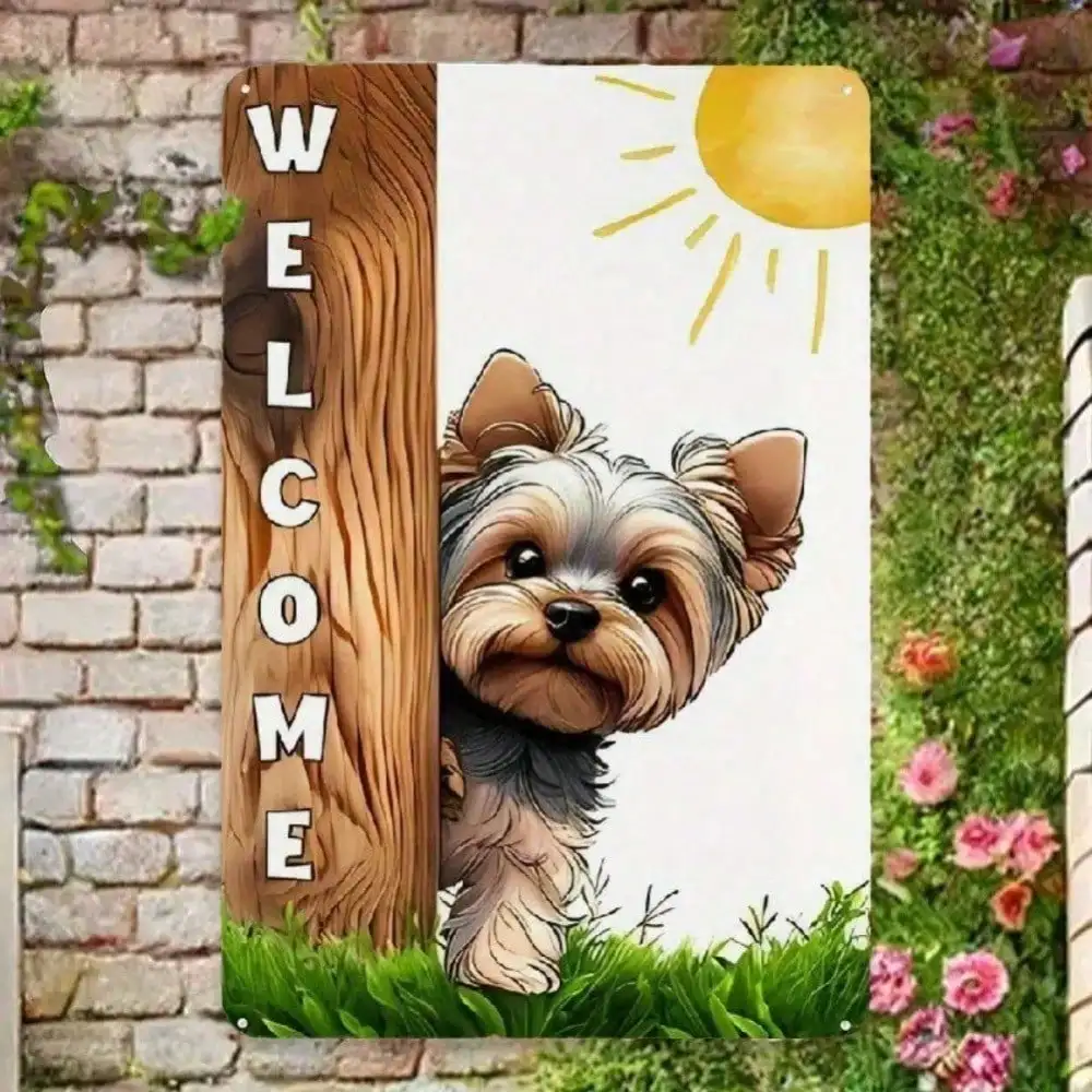 1 Stück Willkommensschild mit Yorkshire Terrier-Welpe, Metallschild, rustikale Hundehaus-Dekoration mit Holzzaun-Design für die Haustür