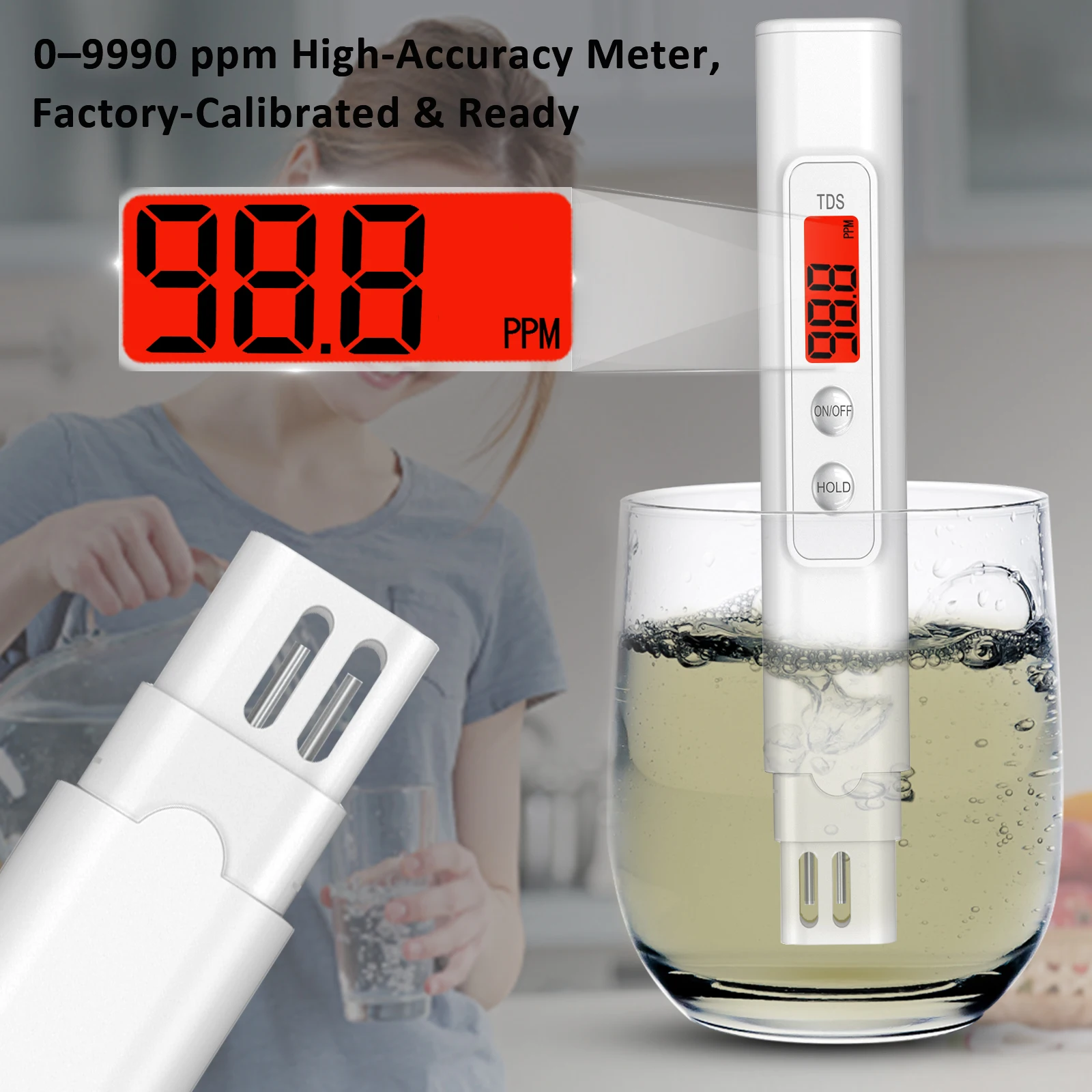 TDS-Messgerät, digitaler Wasserqualitätstester, 0–9990 ppm, TDS-LCD mit Hintergrundbeleuchtung, Wasserreinheit, PPM, Aquariumfilter, Daten halten, rote Warnung Image