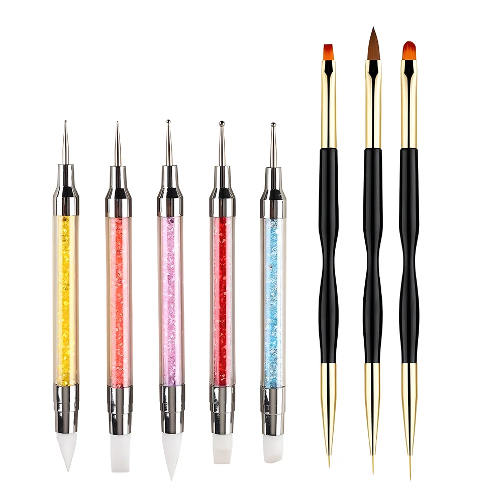 8-teiliges Dual-Ended-Nagelkunst-Skulpturstift- und Malpinsel-Set, Silikon-Schnitz-Punktierwerkzeuge mit Strass-Griff, Salon und Zuhause Image