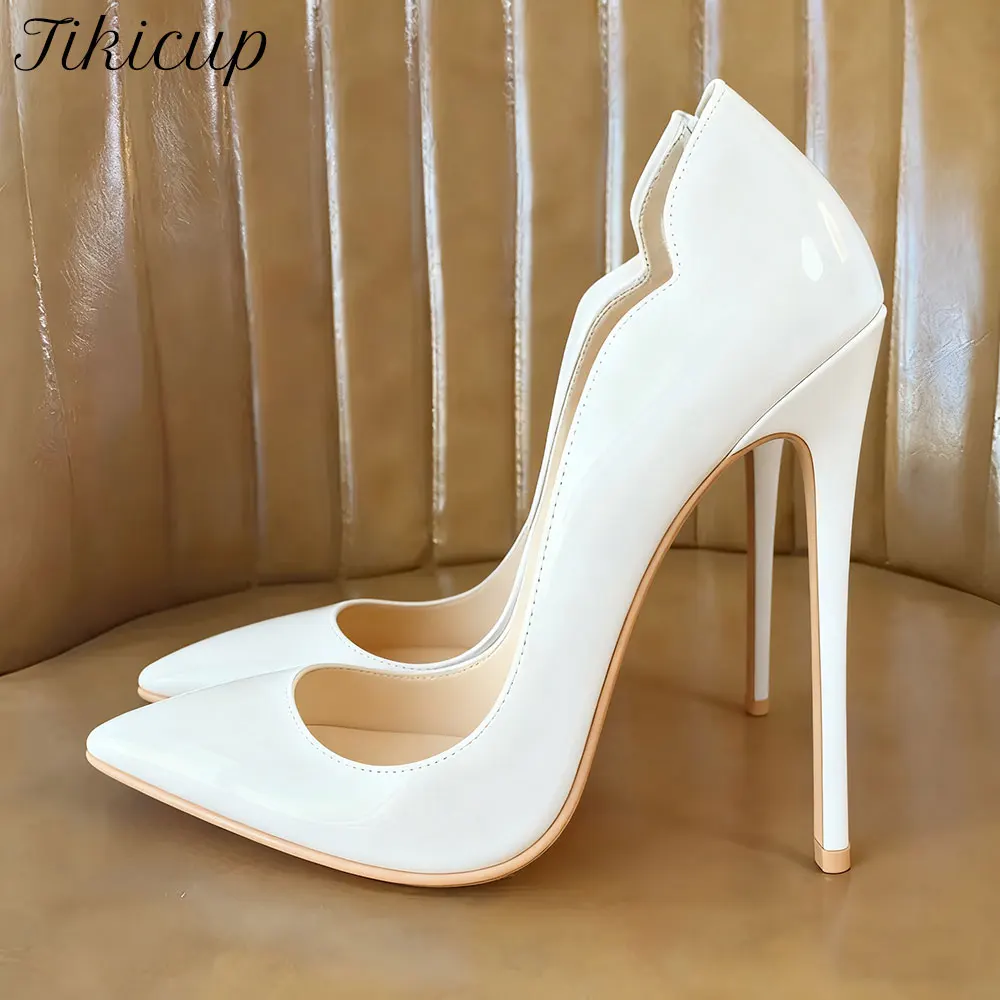 Tikicup Side V Cut Damen Solid White Patent Pointy Toe High Heel Fashion Dress Schuhe 8cm 10cm 12cm Damen Slip On Stiletto Pumps