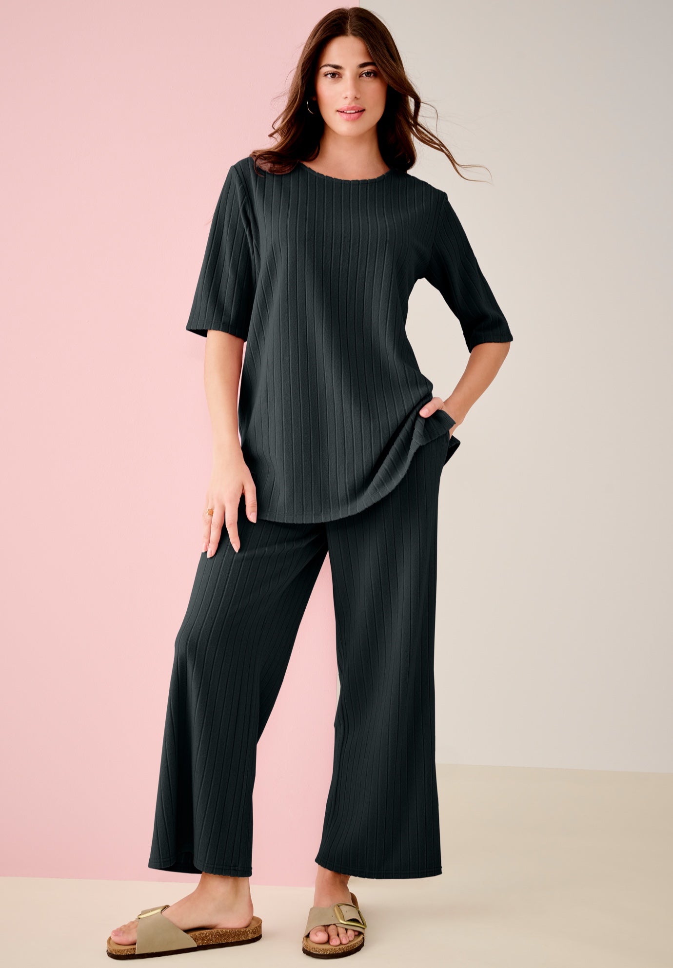 Plus Size Women's Brushed Rib Cropped Pant Set by Roaman's in Black (Size 42/44)