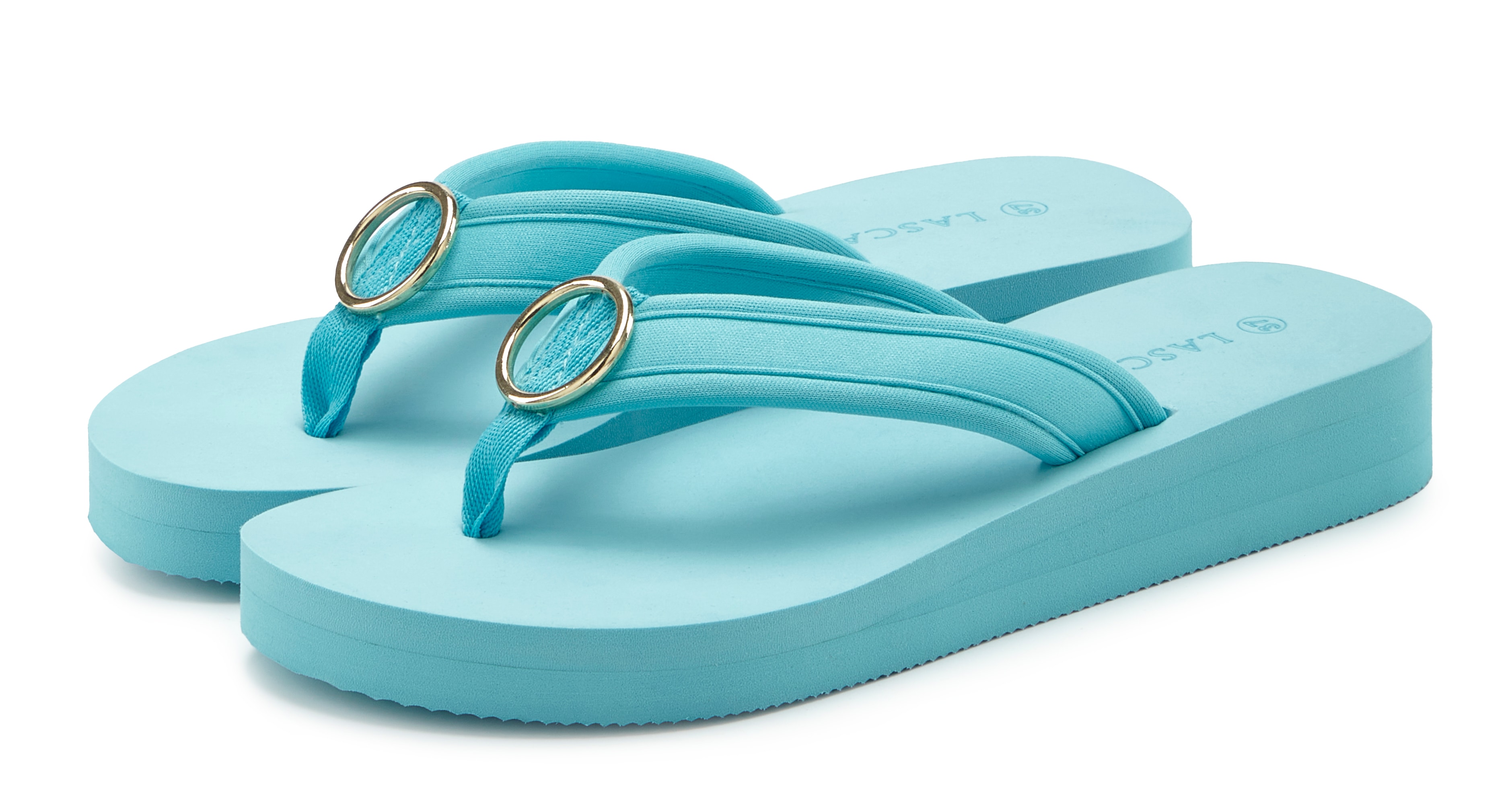 Badezehentrenner LASCANA "Sandale, Pantolette", Damen, Gr. 44, türkis, Obermaterial: 100% Textilmaterial. Decksohle: 100% Synthetik. Futter: 100% Textilmaterial. Laufsohle: 100% Synthetik, unifarben, Schuhe Zehentrenner Dianette, Zehentrenner,...