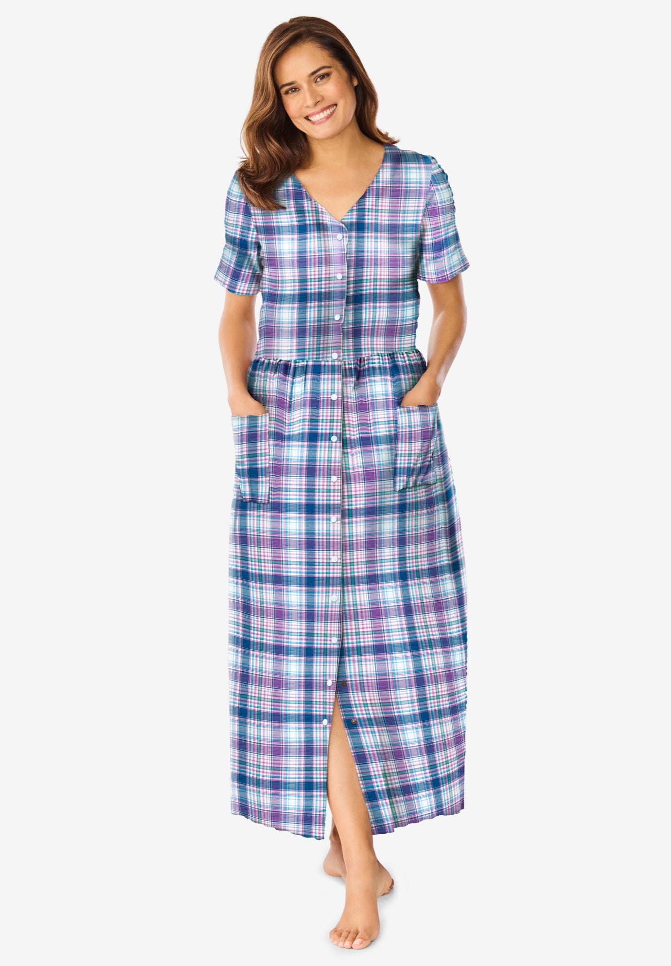Plus Size Women's Long Seersucker Lounger by Only Necessities in Bright Violet Sapphire Plaid (Size 6X)