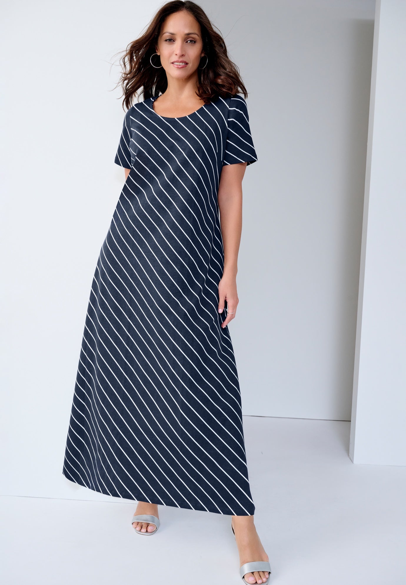 Plus Size Women's Stretch Cotton T-Shirt Maxi Dress by Jessica London in Navy Bias Stripe (Size 34)