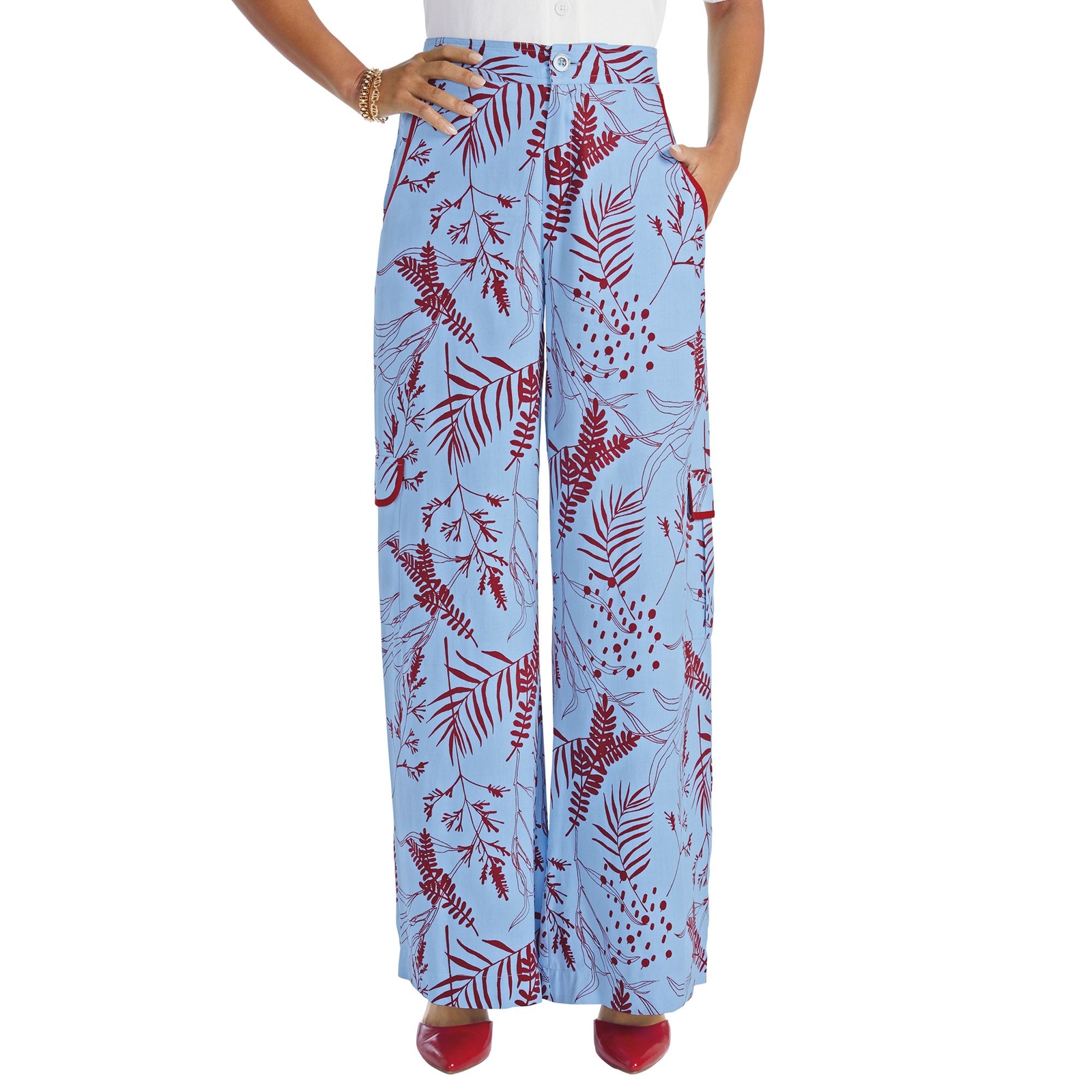 Masseys Cargo Wide-Leg Trouser (Size 8) Cool Blue/Red Leaf, Viscose