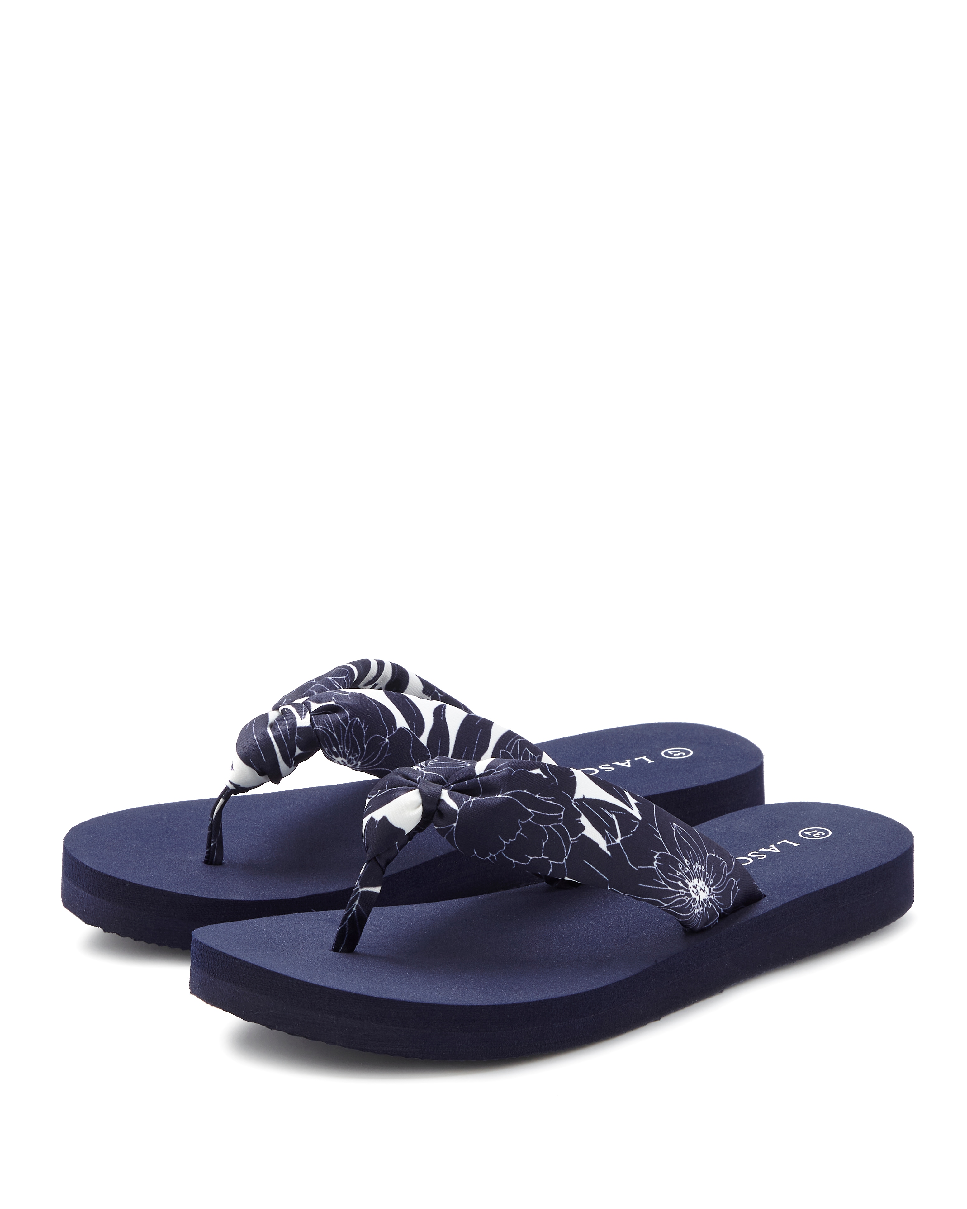 Badezehentrenner LASCANA "Sandale, Pantolette", Damen, Gr. 35, dunkelblau, Obermaterial: 100% Textilmaterial. Decksohle: 100% Synthetik. Laufsohle: 100% Synthetik, geblümt, Schuhe, Zehentrenner, Badeschuh ultraleicht mit softem Band VEGAN