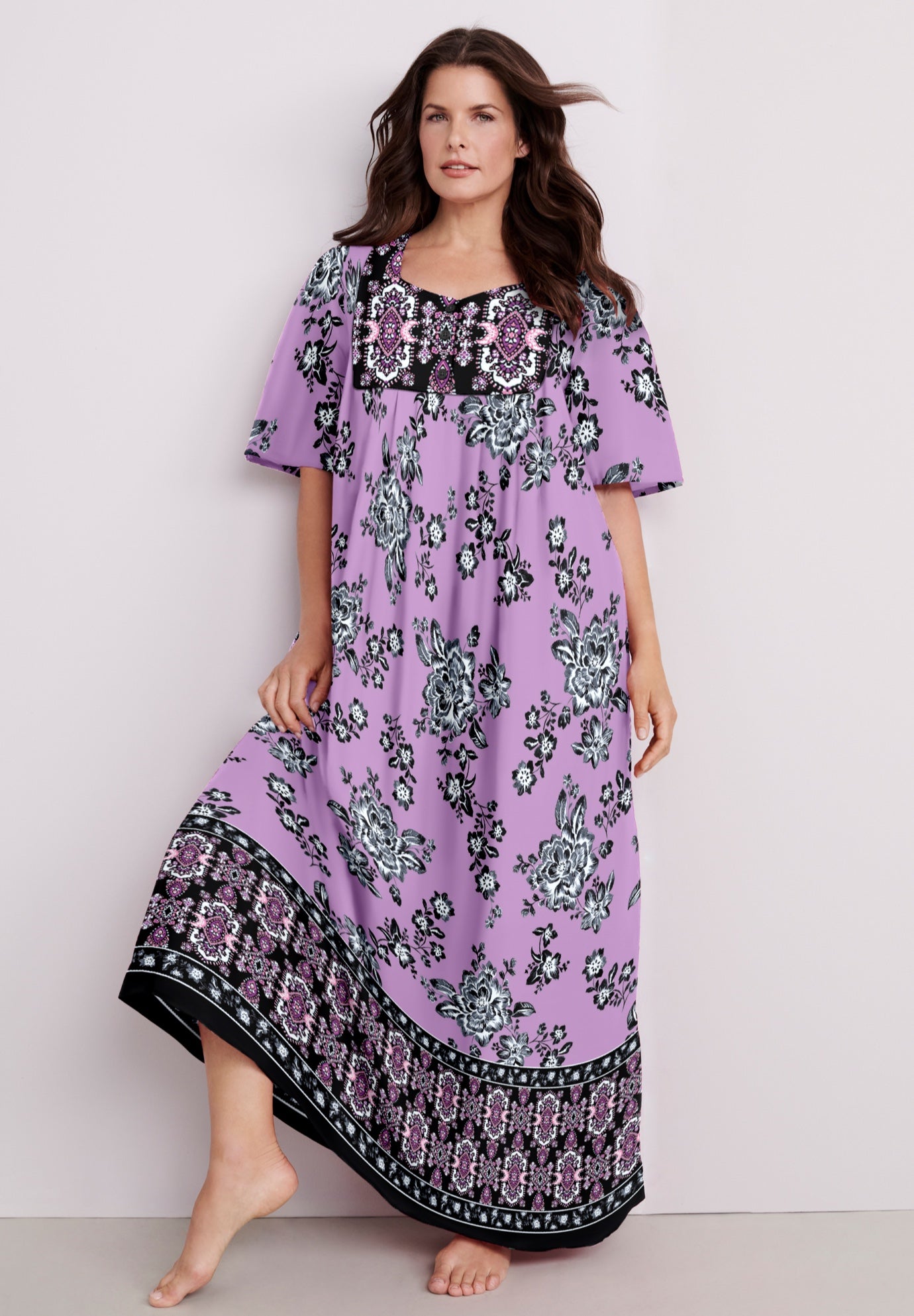 Plus Size Women's Bib Front Lounger by Only Necessities in Black White Floral (Size 3X)