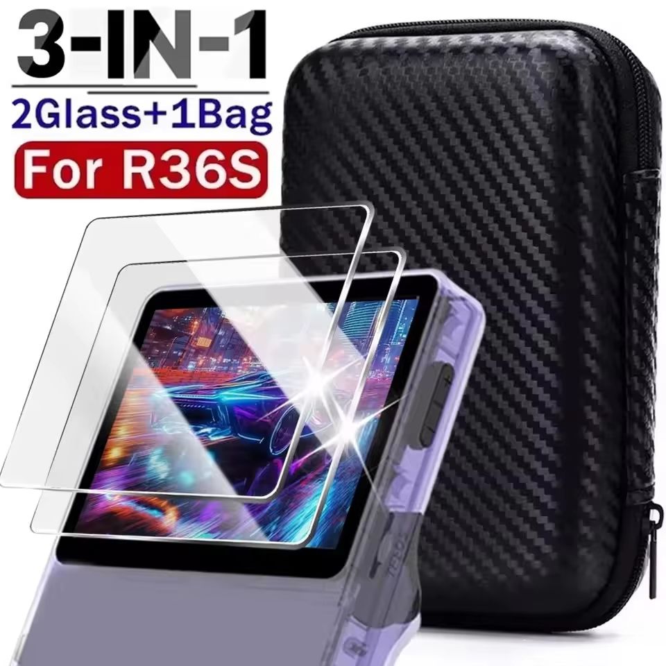 3 in 1 Carrying Storage Case With Tempered Glass Screen Protectors For R36S Game Console 1 Glass + Case (carbon) R36s