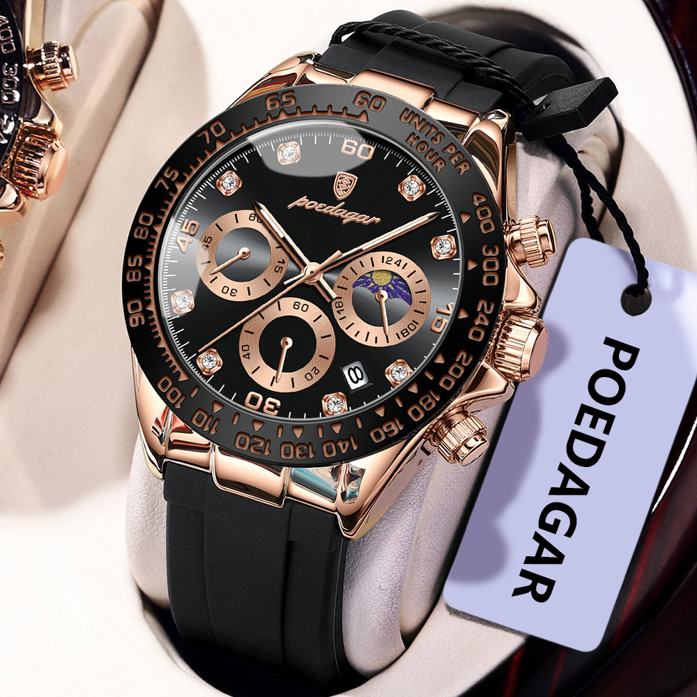 Luxury Chronograph Men Wristwatch, High Quality Quartz Man Watch, Waterproof Luminous Military Men Watches rose Gold Black Chain