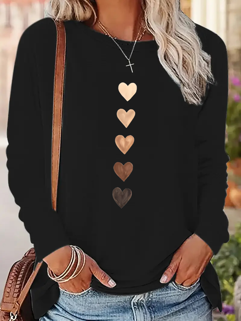 Vintage T Shirt Women's Print, Crew Neck Love Heart Long Sleeve Top, Casual T Shirt black xxxl