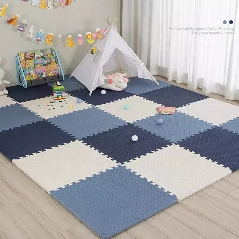 Interlocking Baby Puzzle Floor Play Mat For Kids Soft EVA Foam Carpet white Blue 16pcs