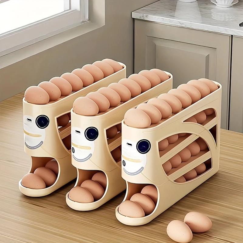 3 Tier Rolling Egg Storage Container For Refrigerator, Holds Eggs Organizer Rack, Large Capacity Kitchen Fridge Box white