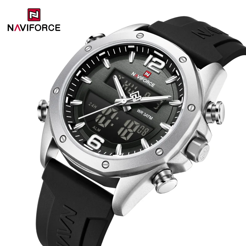NAVIFORCE Herren-Quarzuhr mit LCD-Dual-Display und Silikonarmband, 3 ATM wasserdicht, stoßfest, Nachtlicht, rundes Gehäuse, Sport, Freizeit Image