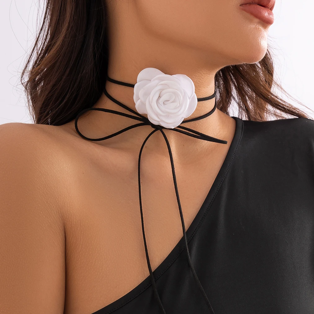 9 Farben Goth Elegante große Rose Blume Halsband Halskette Frauen romantische verstellbare Schleife geknotete Seilkette Mi Y2K Zubehör Image