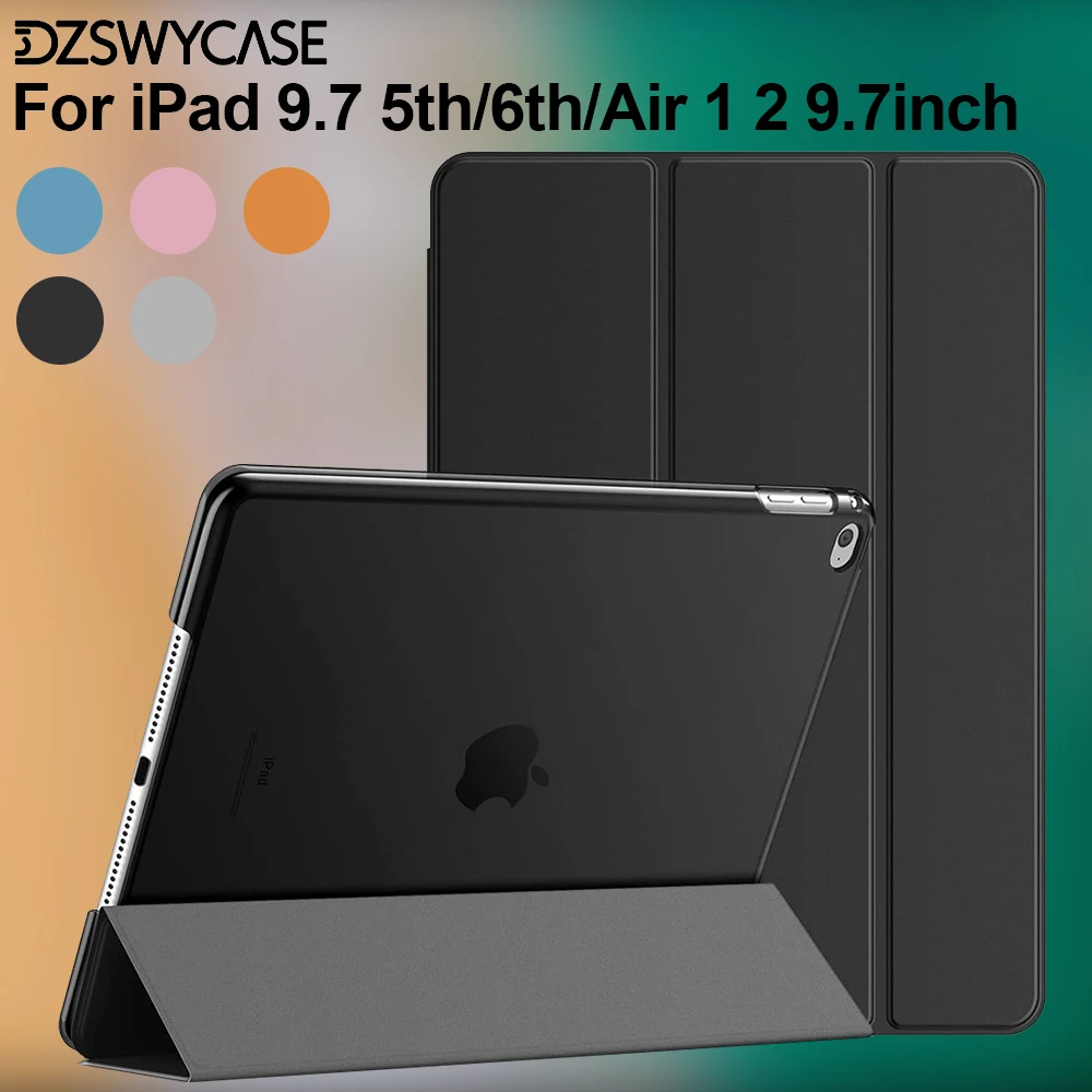 Custodia per iPad 9.7 5th/6th, per iPad Air 1 2 9,7 pollici, con cover con supporto a tre ante, guscio posteriore traslucido, funzione di spegnimento/riattivazione automatica
