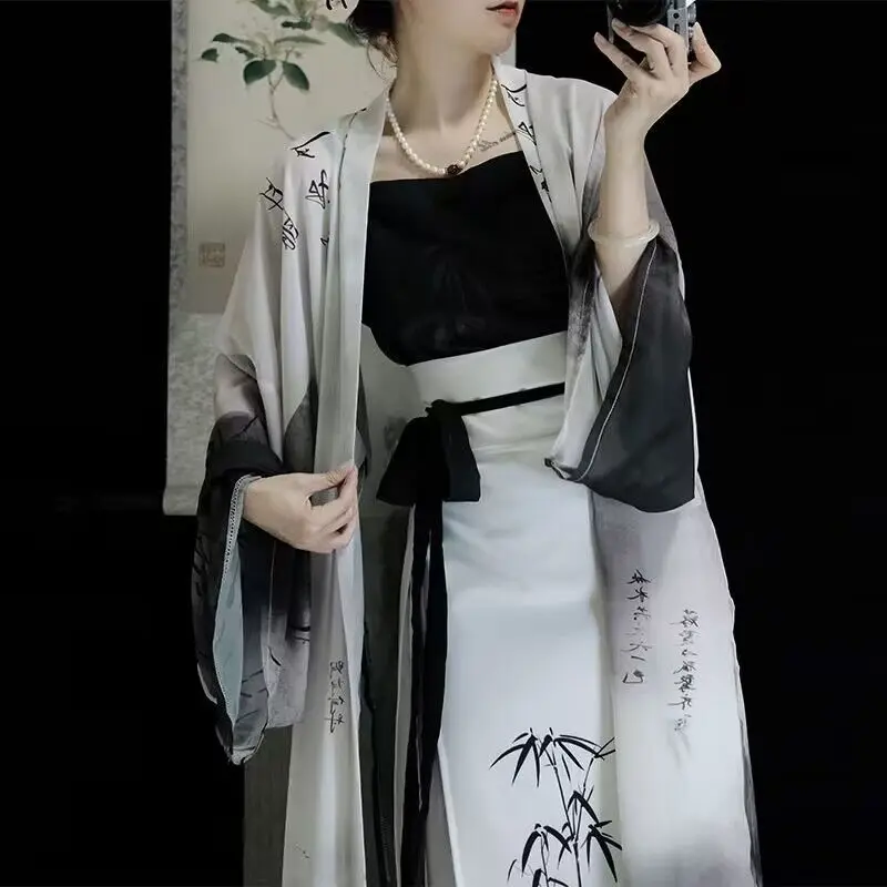 Sommer chinesisches hanfu kleid 3 stücke verbesserter moderner stil traditioneller bambus bedruckter cardigan mantel + top + rock 3 stücke setzt hanfu weiblich Image
