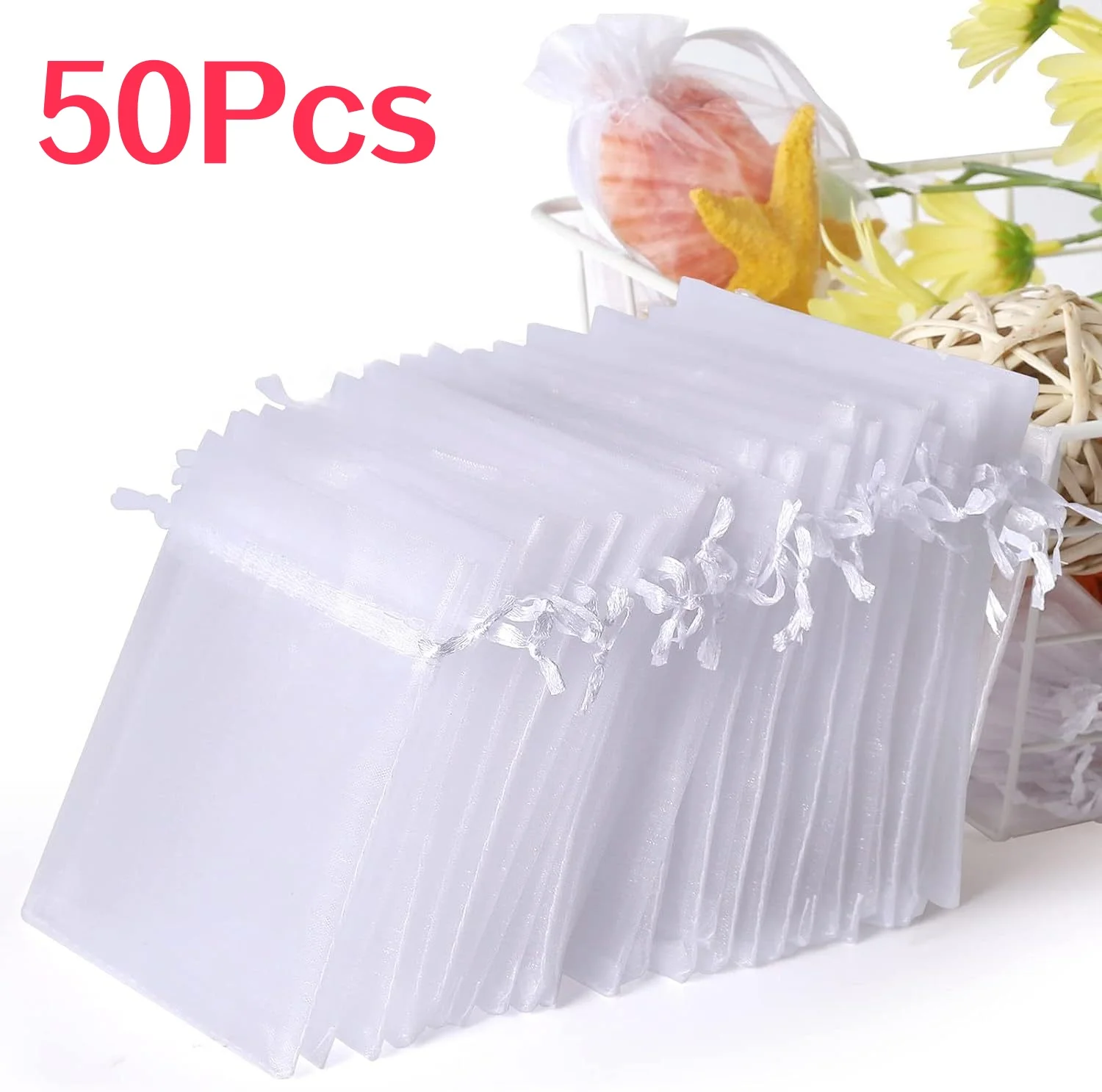 50-teiliges weißes Organzabeutel-Set für Schmuck, Geschenk, Party-Geschenktüten mit Kordelzug für Hochzeit, Weihnachten, kleine Schmuckaufbewahrung Image