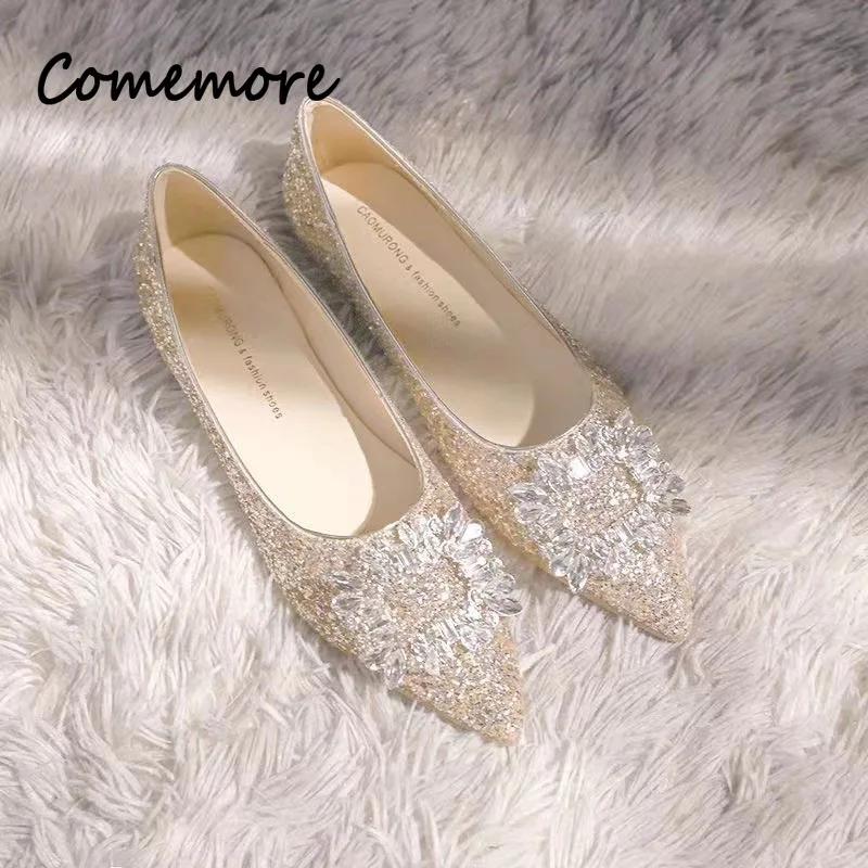 Comemore Champagner Farbe Flache Schuhe Weibliche Spitz Herbst Sommer Neue Silber Niedrigen Absatz Strass Hochzeit Braut Schuh Pumpen