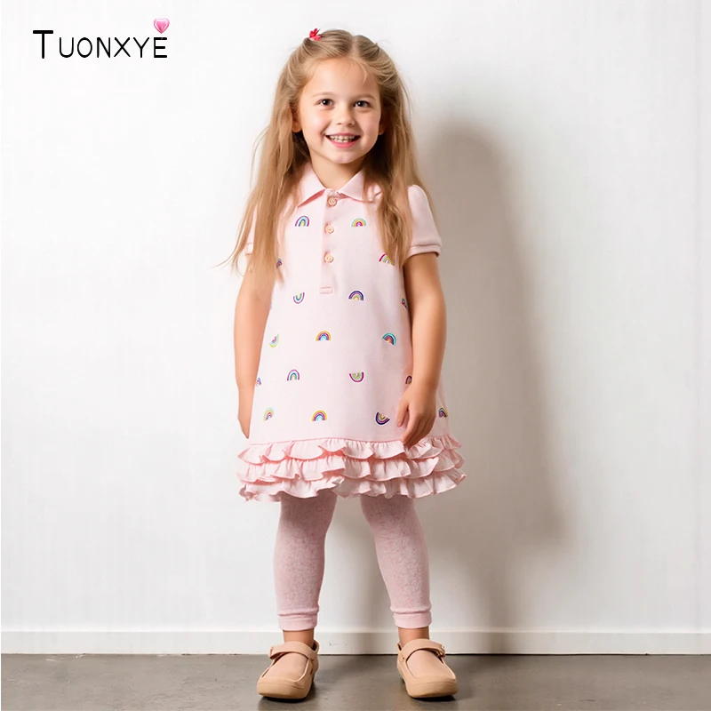 TUONXYE Sommer Neue Mädchen Polo Kleider Cartoon Regenbogen Druck Kinder Casual Kleid Baumwolle Kinder Solide Party Kleider Image