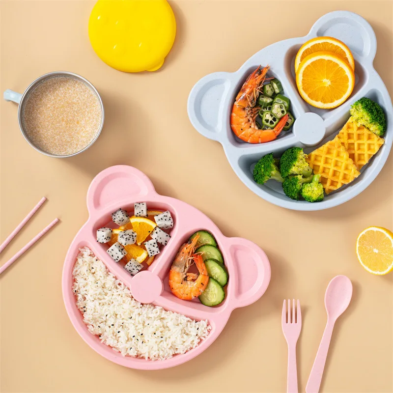 3 teile/satz Weizen Stroh Kinder Geschirr Set Kindergarten Baby Fütterung Ergänzung Teller Schüssel Löffel Gabel Kinder Tisch