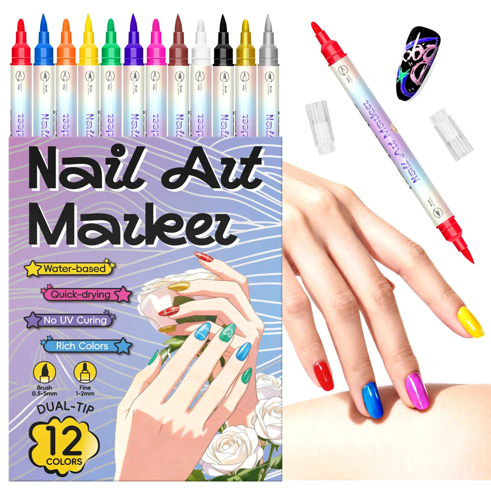 12/24 Farben 3D Nail Art Pens Set, doppelköpfiger Nail Point Graffiti Dotting Pen, schnell trocknende, langlebige Acrylfarbenmarkierungen Image