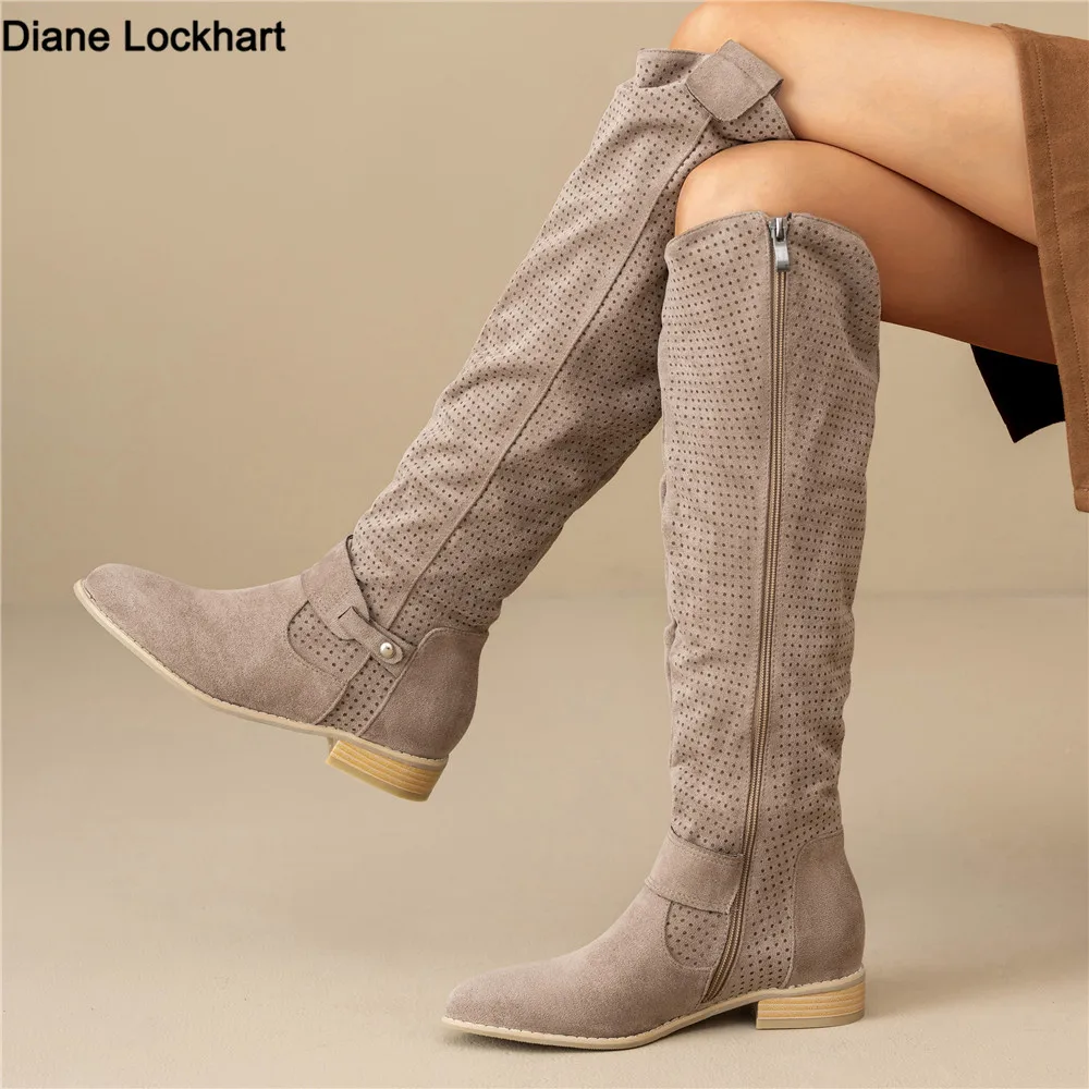 Damenstiefel aus Wildlederimitat, lässig, niedriger Absatz, College-Stil, Damenschuhe, Reißverschluss 34–48, kniehohe Damenstiefel, 2025, Herbst und Winter, neu