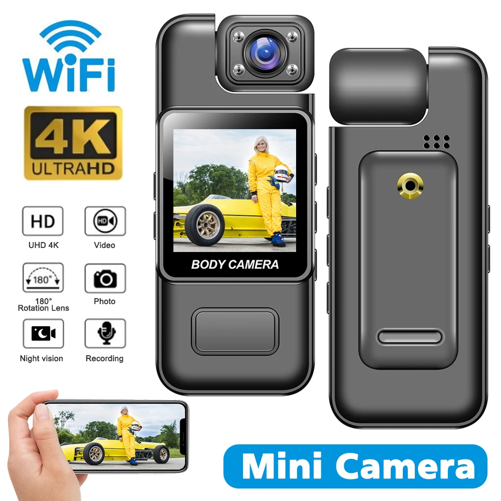 Mini telecamera 4K WiFi Ultra HD Telecamera portatile per polizia Funzione di visione notturna a infrarossi adatta per uso polizia Ciclismo all'aperto