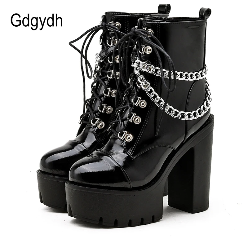 Gdgydh Schwarz Gothic Frauen Schuhe Herbst Damen Stiefeletten High Heels Sexy Kette Punk Stil Patent Leder Stiefel Für Party zipper