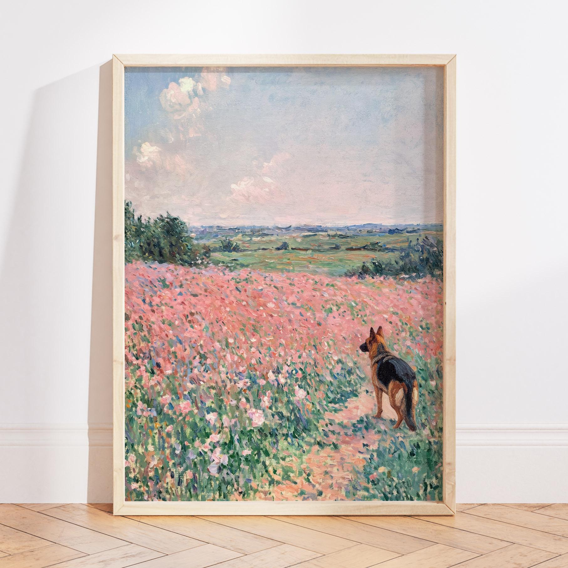 Stampa a olio di fiori selvatici pastello di Monet, arte murale con paesaggio floreale, arte del pastore tedesco