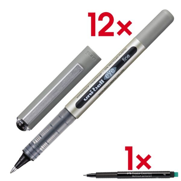 uni-ball 12x Einweg-Tintenroller »eye fine« inkl. Folienstift »Multimark« schwarz Image