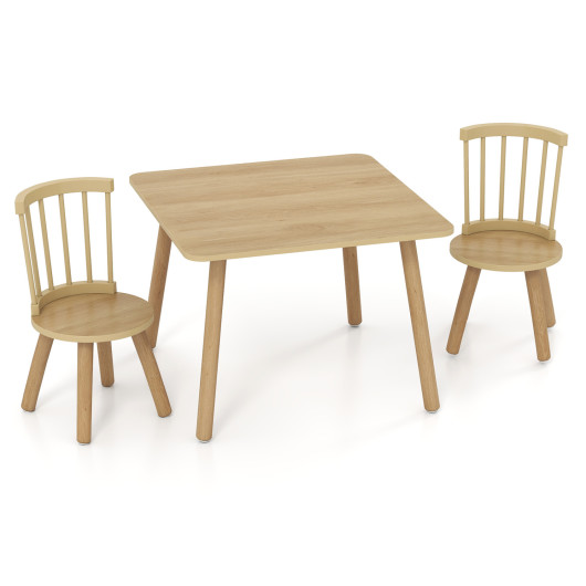 Costway Kids Wooden Table and Chairs Set 3-Piece Toddler Furniture with Pine Wood Frame-Natural