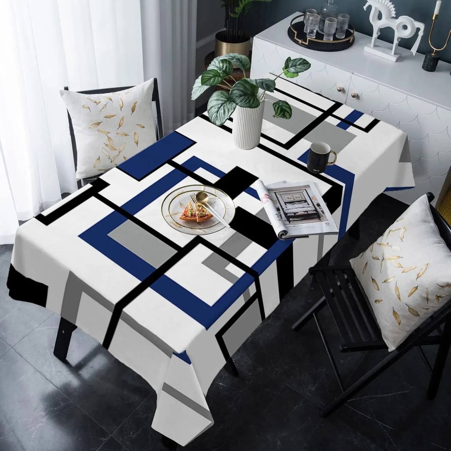 Moderne abstrakte marineblaue schwarze geometrische rechteckige Tischdecke, Tischdekoration, wiederverwendbar, für Küche, Esszimmer, Party-Dekoration Image