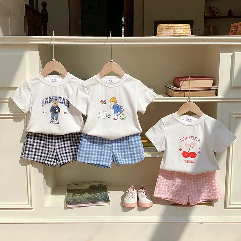 Sommer Kinder Kleidung Kurzarm T-shirt Shorts Zwei Stück Set kinder Tragen Casual Outfits Baby Mädchen Und Jungen Tees Trainingsanzüge Image