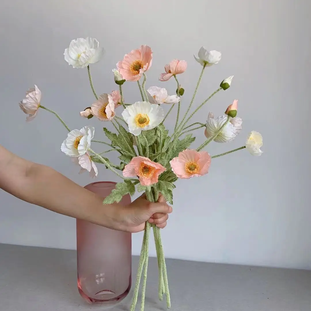 Künstliche Blumen Gefälschte Mohn Seide Blumen Langen Stiel Housewarming Garten Tisch Hochzeit DIY Party Hochzeit Braut Bouquet Decor Image