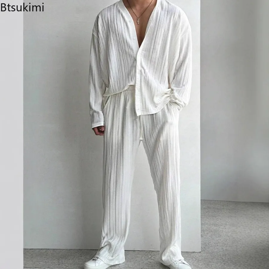 Modische Langarm-Hemden Herren Zweiteiler Sets Einfarbig Sexy Tiefer V-Ausschnitt Strickjacke Hosen Outfit Lässige Streetwear 2026 Herrenbekleidung Image