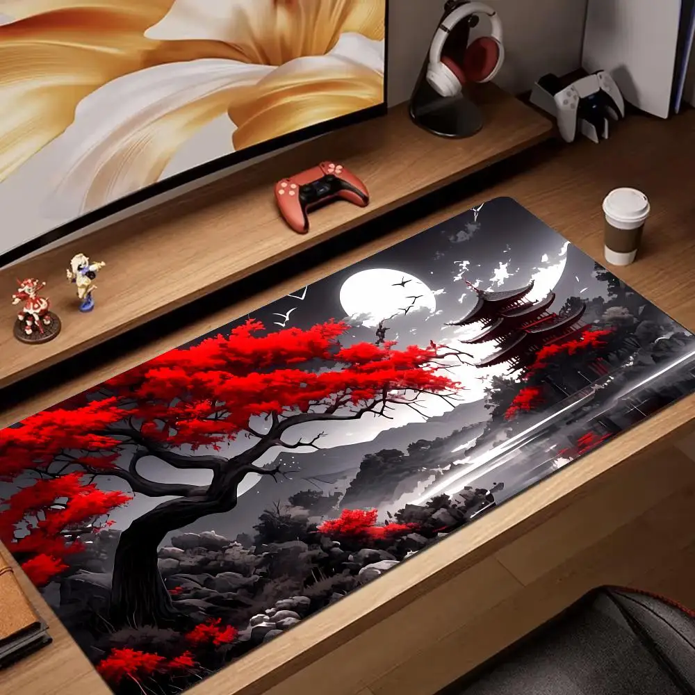 Kirschblüten-Mauspad, großes Mauspad, für Computer, Gamer, Büro, genähte Kante, Tastatur, Schreibtischunterlage, waschbarer, rutschfester Teppich Image