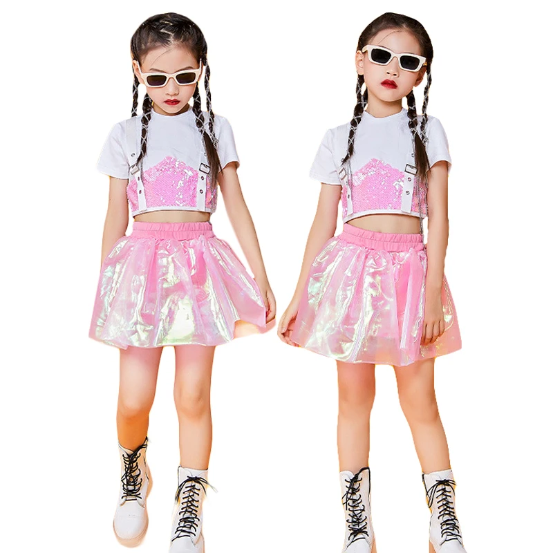 Lolanta Kind weiß rosa Pailletten kurz geschnittenen Top Rock Shorts Tanz kleidung Kinder Jazz Hip-Hop Performance Kostüm Sommerkleid ung Image